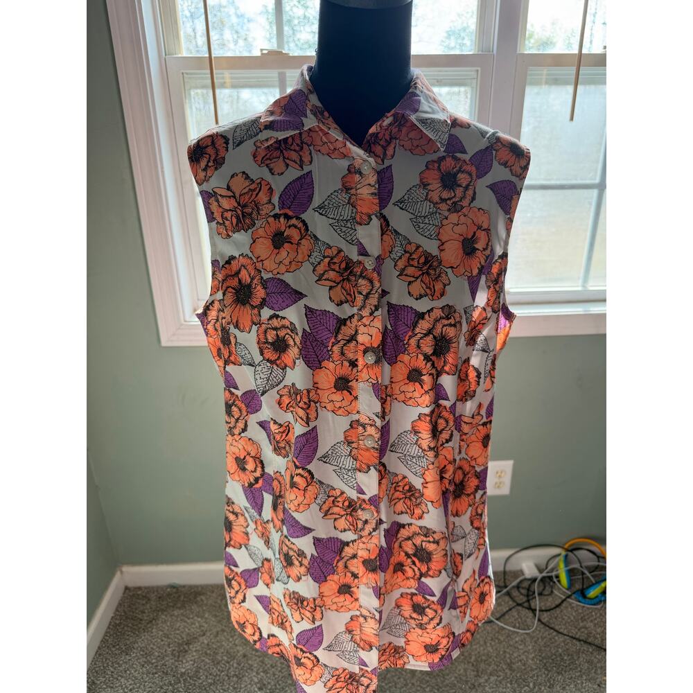 Duluth Trading M Sleeveless Floral Shirt Orange Purple Button Down Collared Top
